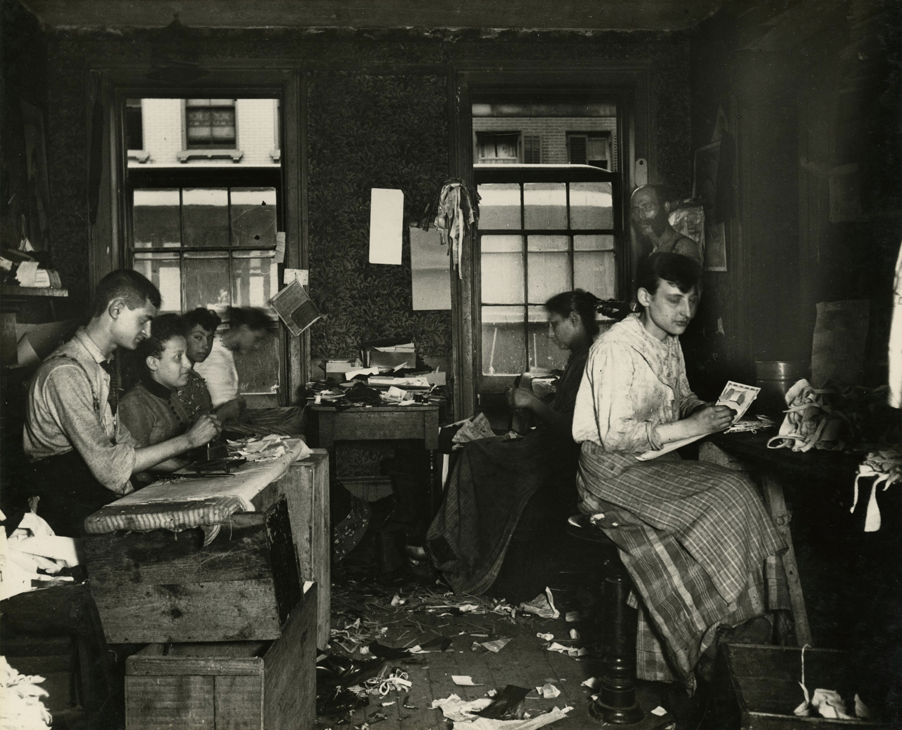 Jacob Riis - Necktie Workshop in a Division Street Tenement, c.1888 - Howard Greenberg Gallery