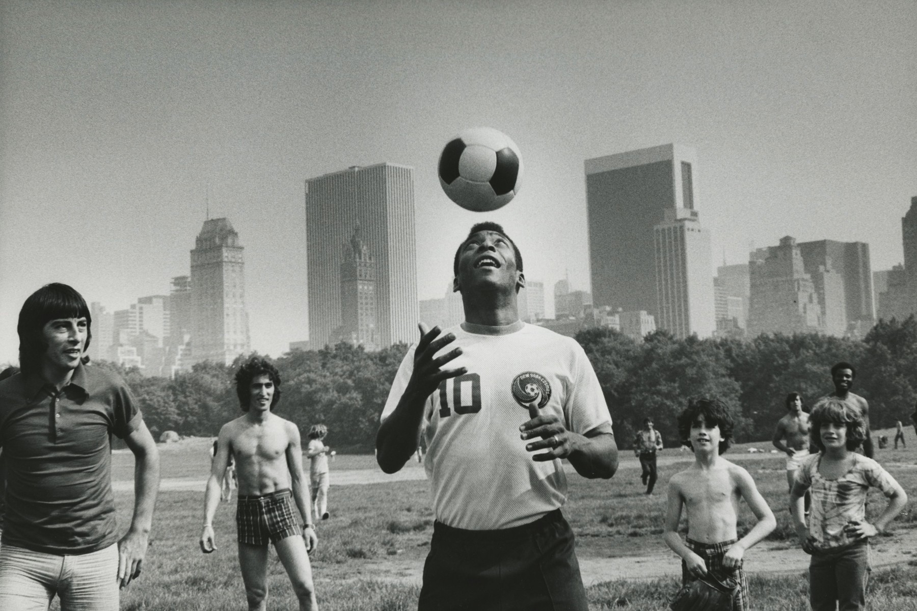 Pelé in NYC's Central Park, 1977  Gelatin silver print; printed c.1977  11 x 14 inches