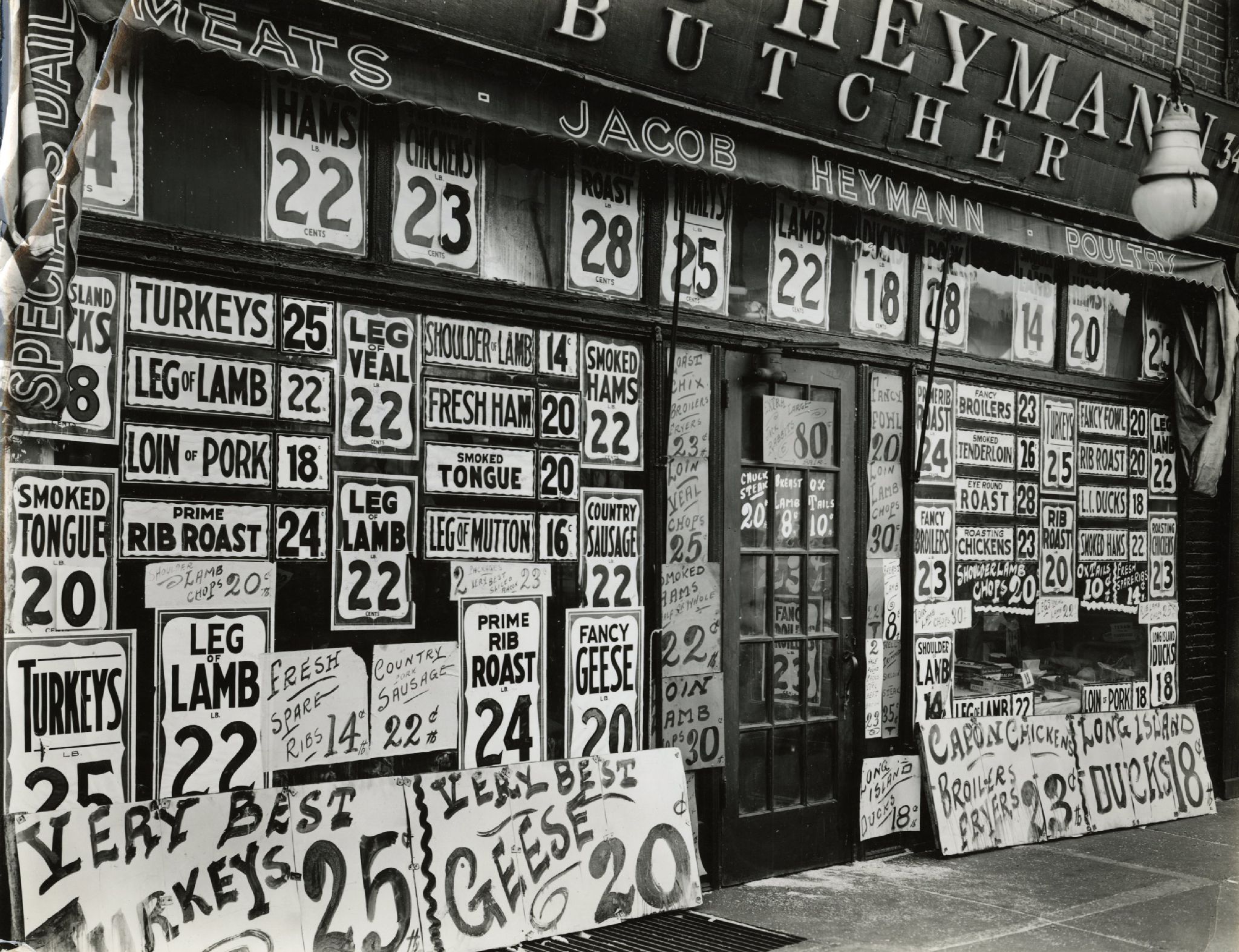 Jacob Heymann Butcher Shop, New York City, 1938  Gelatin silver print; printed c.1938  7 1/2 x 9 1/2 inches
