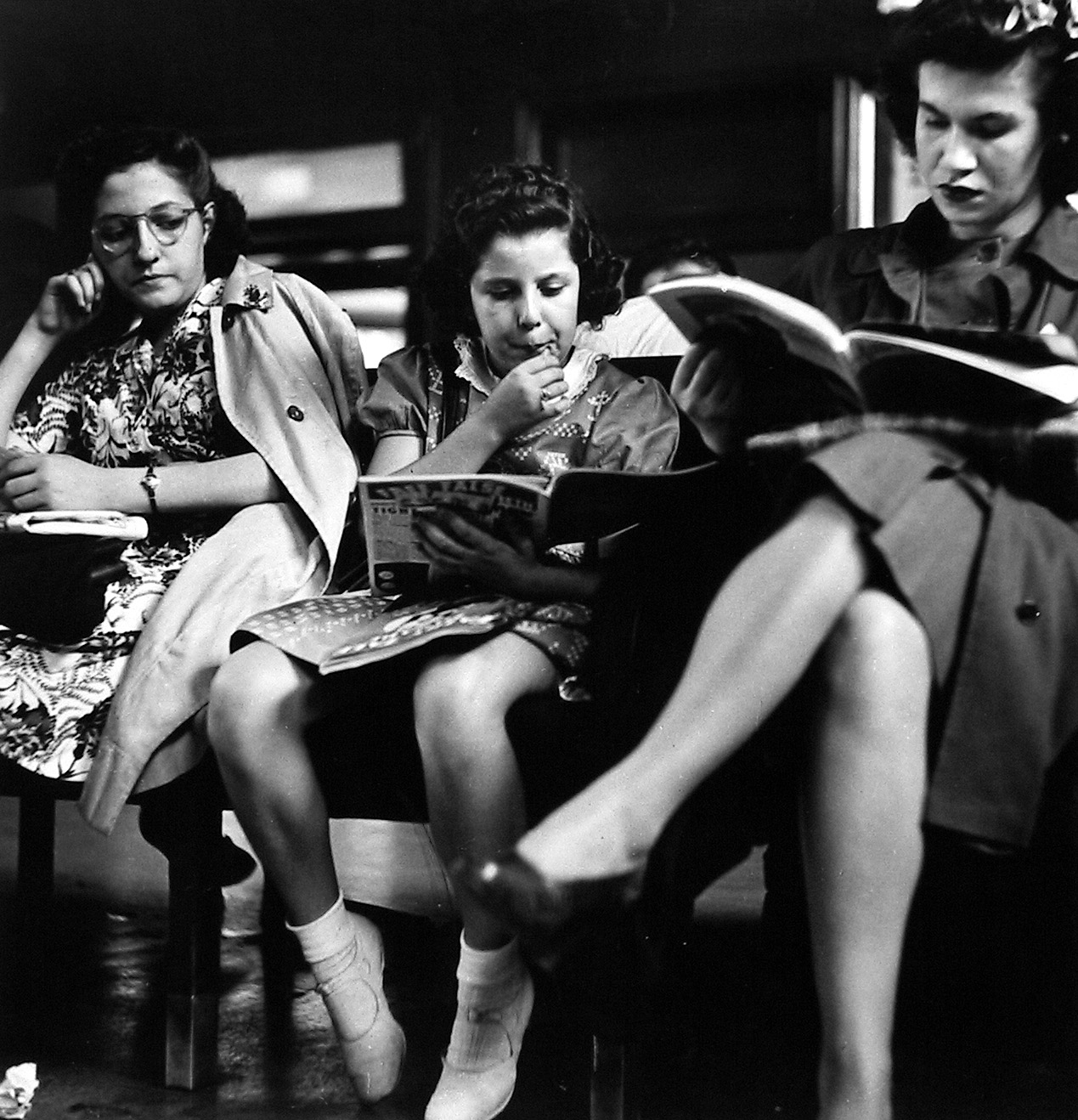 Three women seated on bench in waiting room, 1943
Gelatin silver print; printed c.1943
10 3/8 x 10 inches