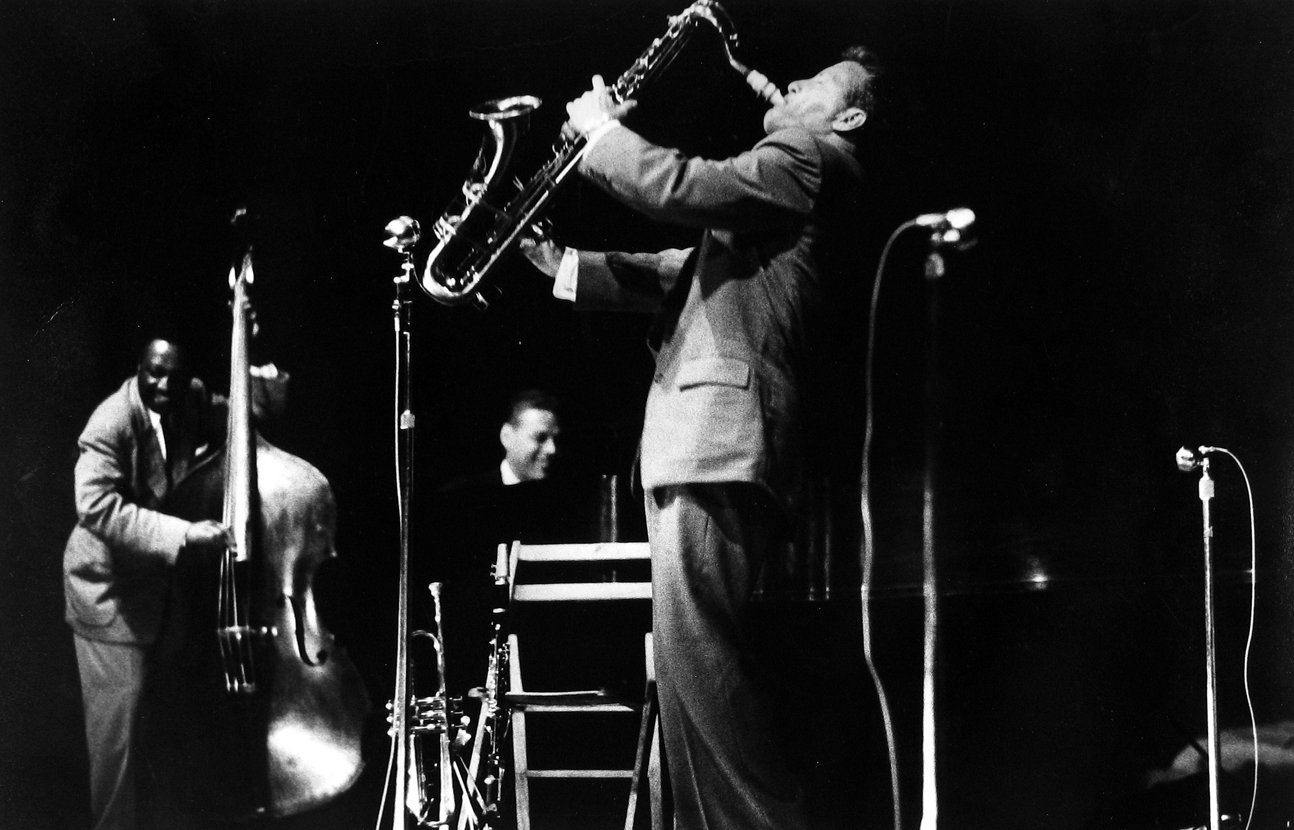 Sy Kattelson - Milt Henton on bass, Ted Napoleon on piano, and Eddie Shu on sax at 1st Newport Jazz Festival, 1954 - Howard Greenberg Gallery
