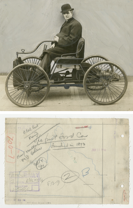 Henry Ford in his first car, built in 1896, 1910
